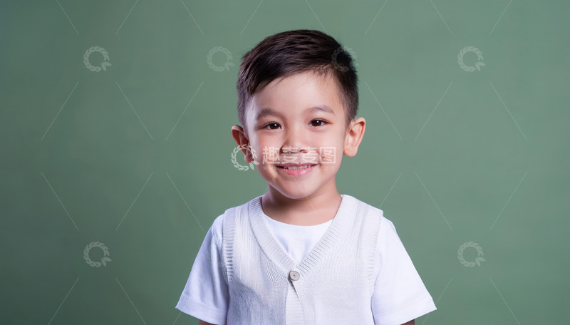小男孩穿着白色背心和灰色短袖面带笑容站在绿色背景前的图片