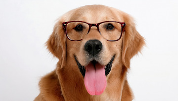 吐着舌头表情欢快带着眼镜的金毛犬