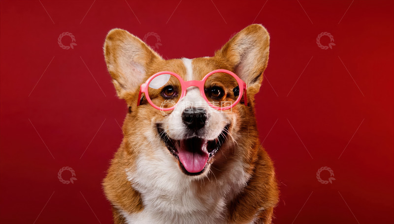高清大图下载【趣麦麦图】戴着不同样式粉色眼镜吐着舌头表情搞怪的柯基犬在红色背景前的图片