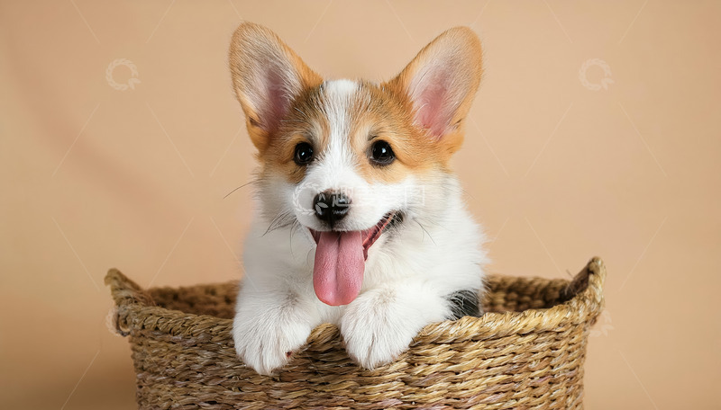 高清大图下载【趣麦麦图】白花色柯基幼犬趴在篮子里吐着舌头露出开心表情的图片