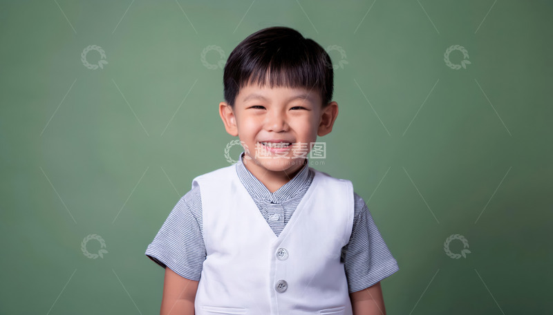 小男孩穿着白色背心和灰色短袖面带笑容站在绿色背景前的图片1