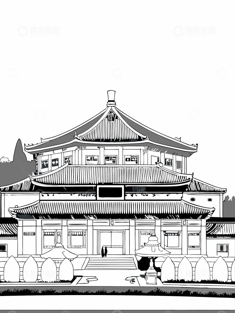 源文件下载【趣麦麦图】中国地标建筑广州中山纪念堂线稿图
