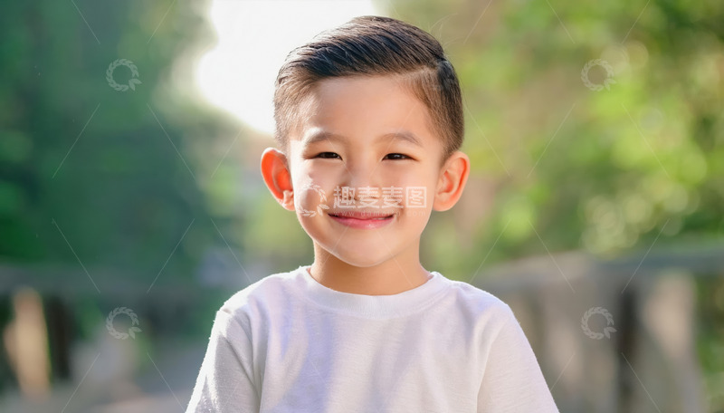 高清大图下载【趣麦麦图】小男孩在户外穿着白色上衣面带微笑1