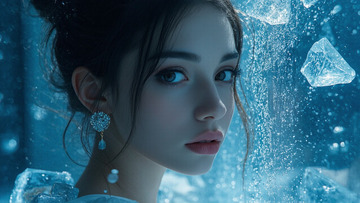 创意蓝色冰块特写女性面部特写摄影