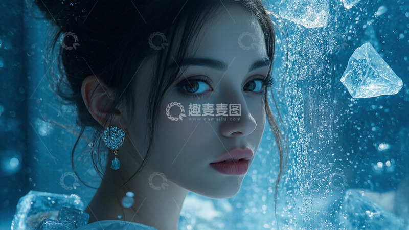 高清大图下载【趣麦麦图】创意蓝色冰块特写女性面部特写摄影