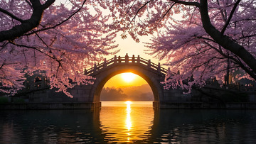 桃花石桥立春春天摄影图