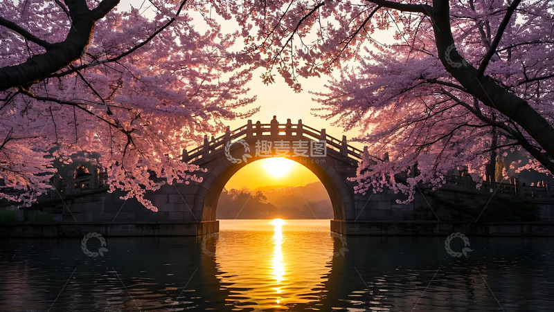 桃花石桥立春春天摄影图