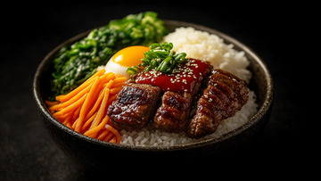 烤肉拌饭米饭套餐摄影图