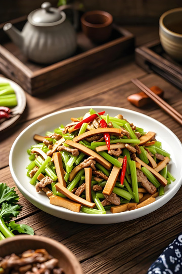 芹菜香干炒肉丝美食摄影