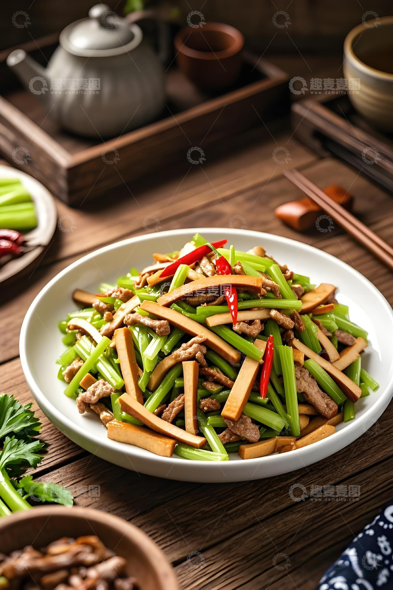 高清大图下载【趣麦麦图】芹菜香干炒肉丝美食摄影