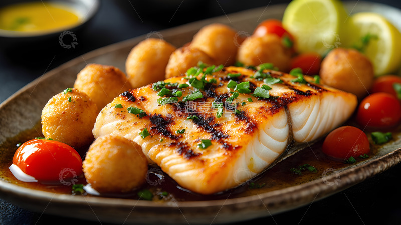 美味烤鱼排鱼丸美食摄影
