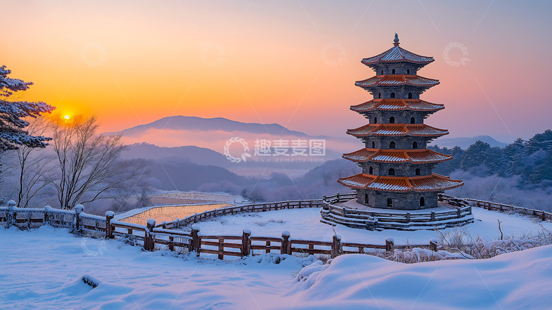 夕阳晚霞雪地里的塔楼