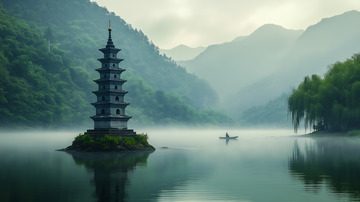 矗立在雾气萦绕湖泊中的塔楼