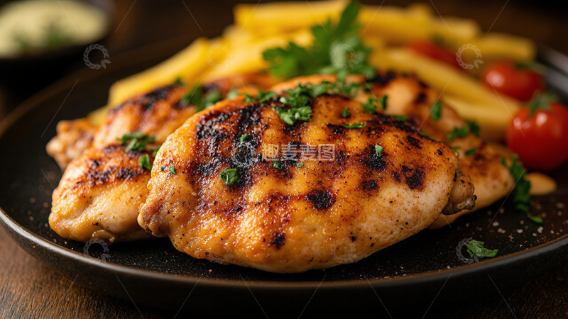美味西餐碳烤鸡排薯条摄影图