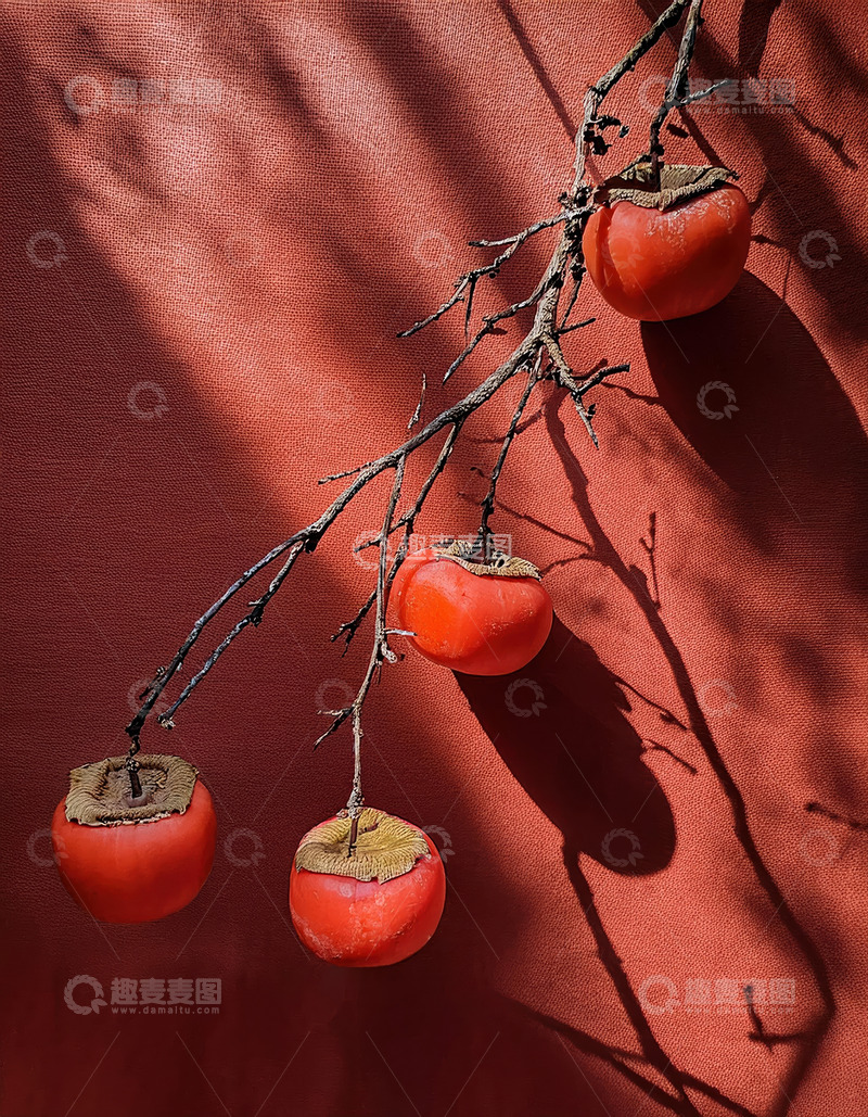 高清大图下载【趣麦麦图】红墙悬柿，光影交织秋之韵