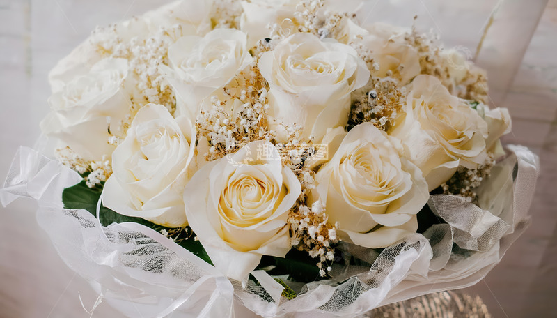 高清大图下载【趣麦麦图】白玫瑰配满天星，优雅浪漫花束