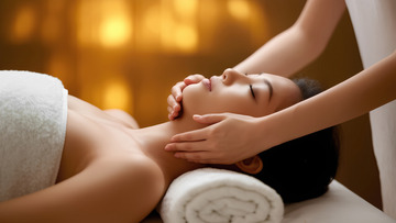 女性惬意享受面部舒缓按摩