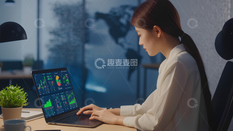 高清大图下载【趣麦麦图】夜晚办公的女性专注于电脑屏幕