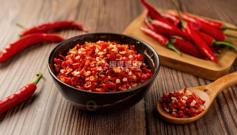 高清大图下载【趣麦麦图】木桌黑碗中的剁碎红辣椒