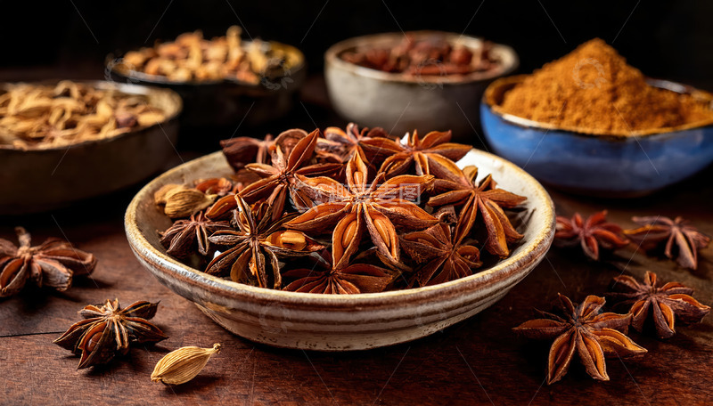 高清大图下载【趣麦麦图】多彩碗中八角及各类香料陈列