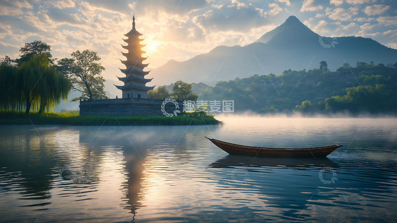 高清大图下载【趣麦麦图】塔楼小船山水风光