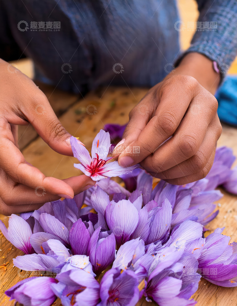 高清大图下载【趣麦麦图】双手精心分拣紫色藏红花花朵