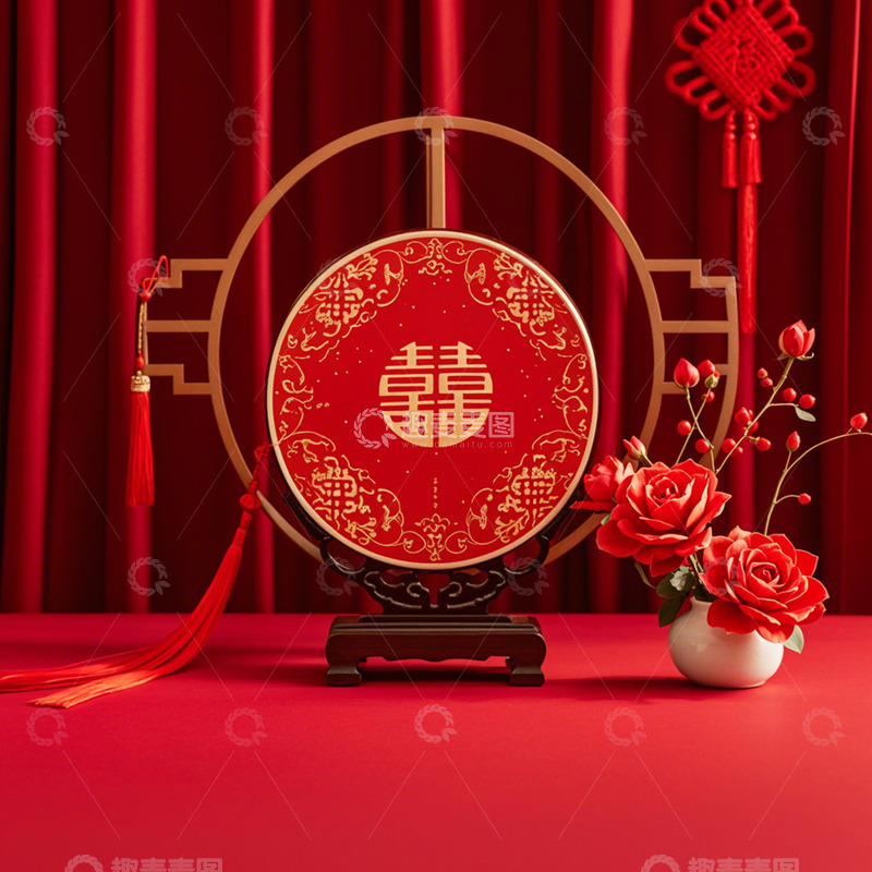 高清大图下载【趣麦麦图】红色古风电商背景台面