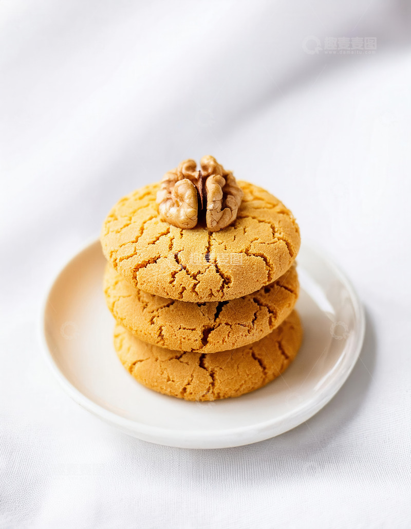 高清大图下载【趣麦麦图】白盘上堆叠的核桃装饰曲奇