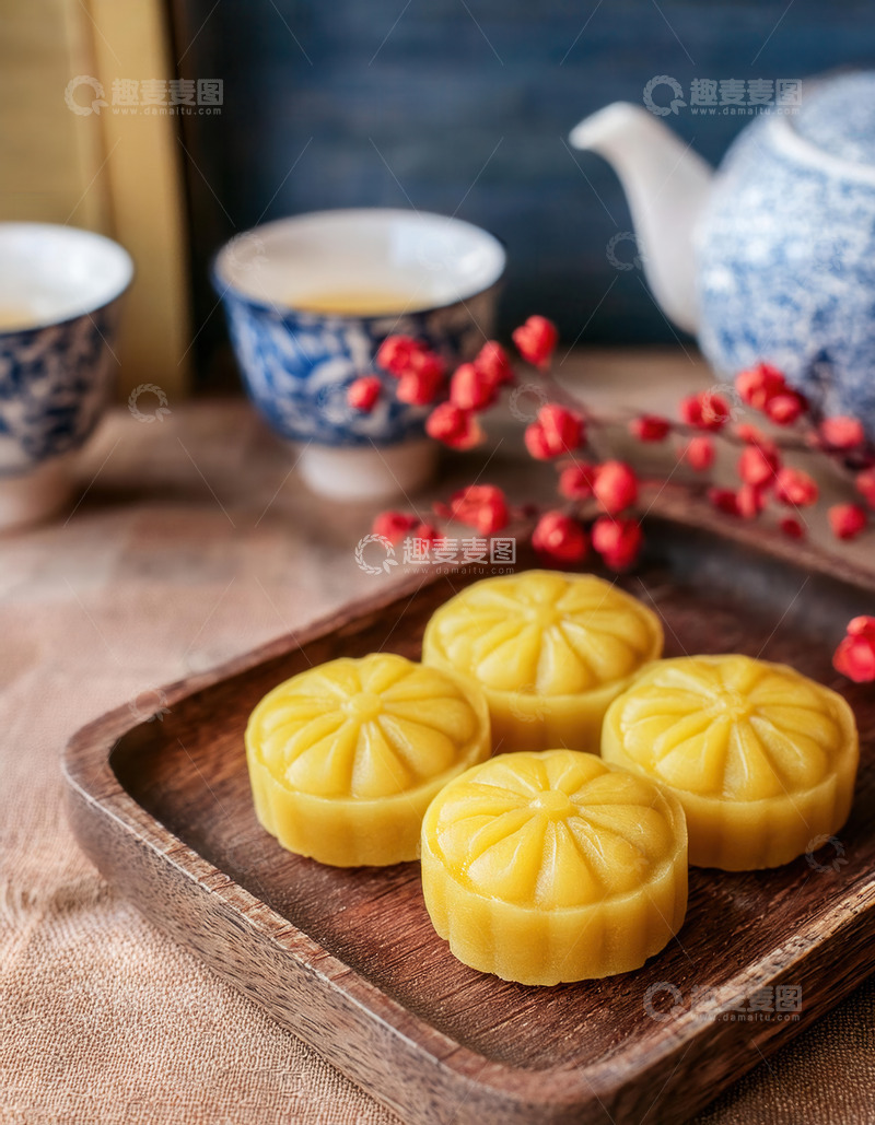 高清大图下载【趣麦麦图】木盘摆中式糕点配青花茶具