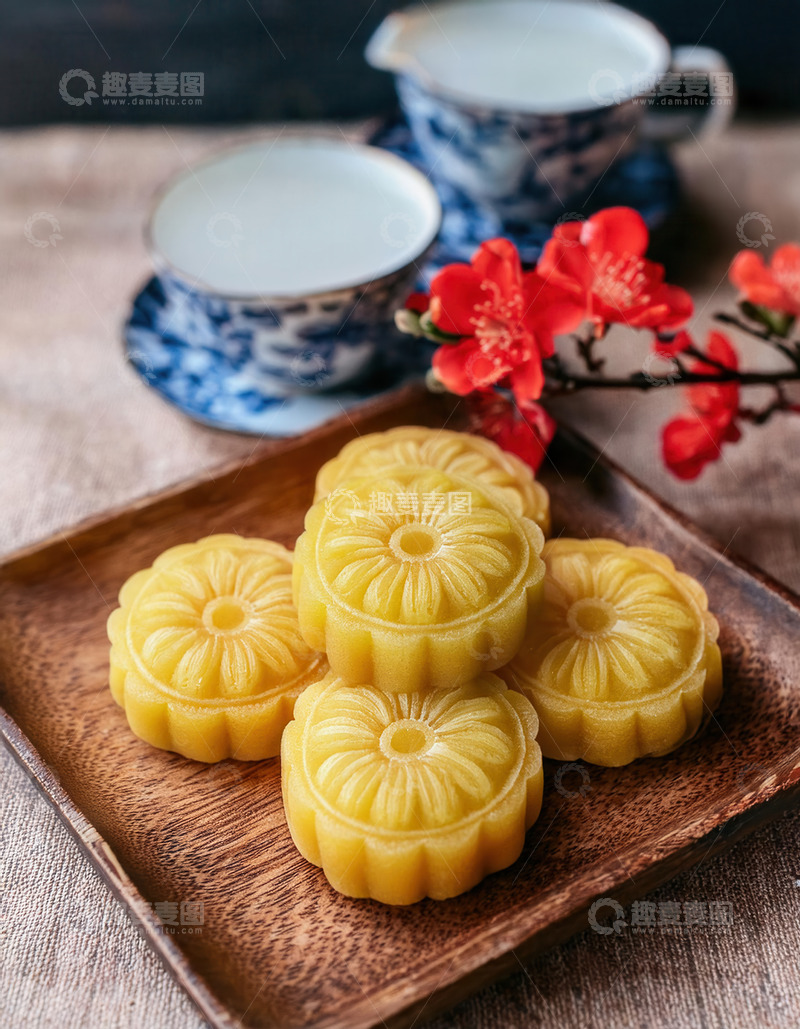 高清大图下载【趣麦麦图】木盘上的中式糕点配青花茶具