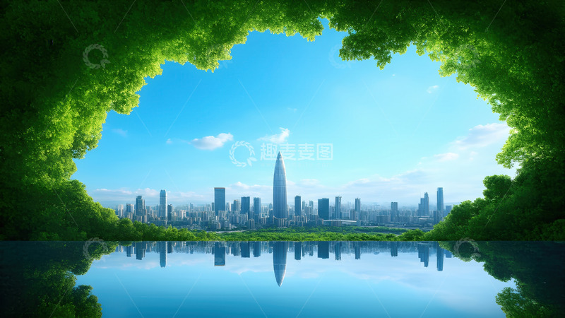 高清大图下载【趣麦麦图】绿树环抱下的现代都市湖景