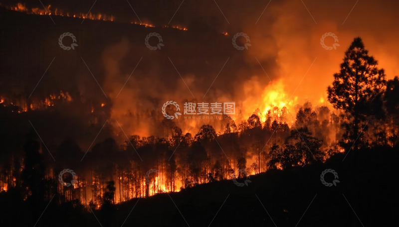 高清大图下载【趣麦麦图】夜幕下山林烈火熊熊燃烧景象