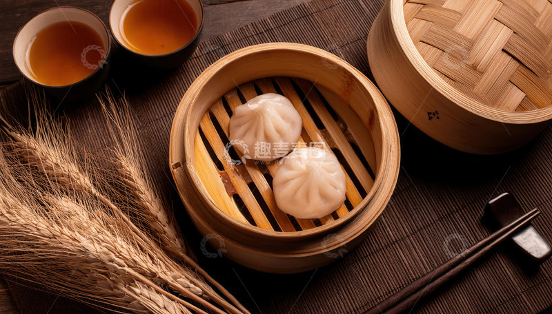 高清大图下载【趣麦麦图】水晶包:竹笼汤包配香茗的中式雅韵