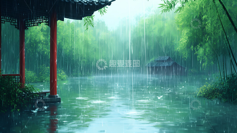 高清大图下载【趣麦麦图】-传统二十四节气雨水插画背景图