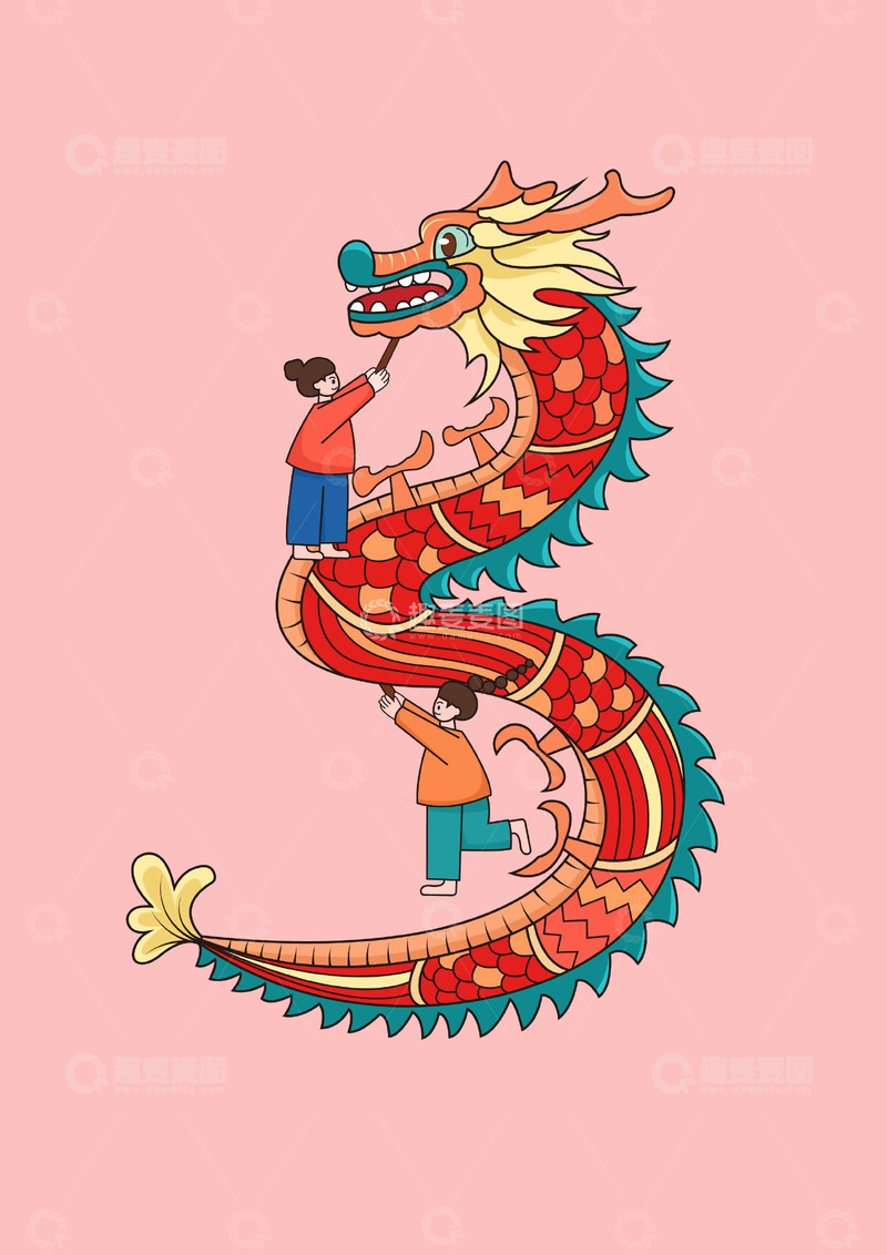 源文件下载【趣麦麦图】舞龙扁平插画