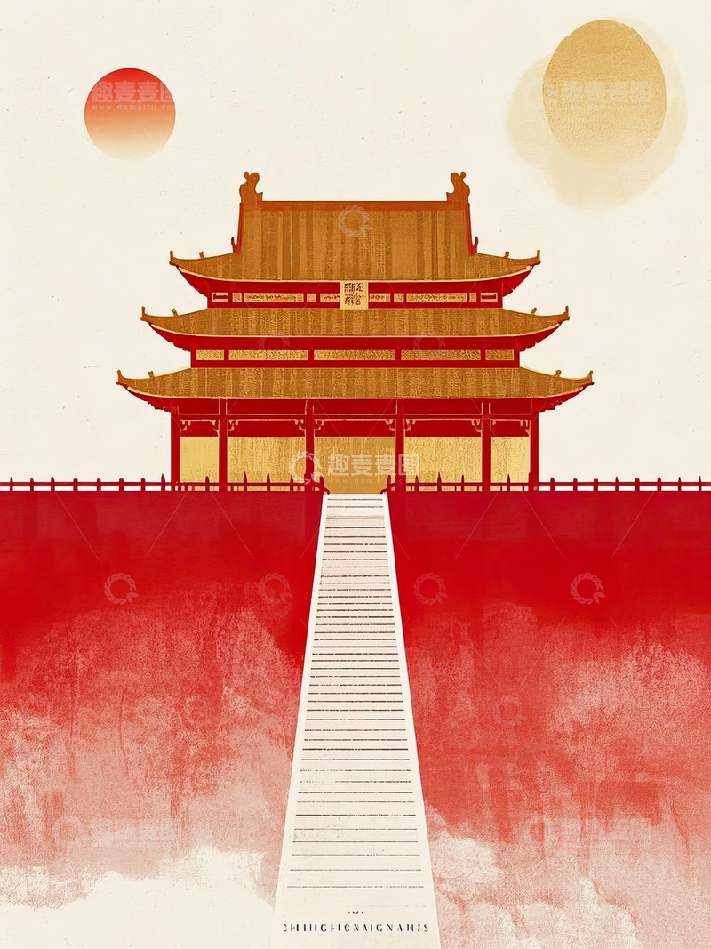 高清大图下载【趣麦麦图】红金风格中国风古建筑水墨插画15