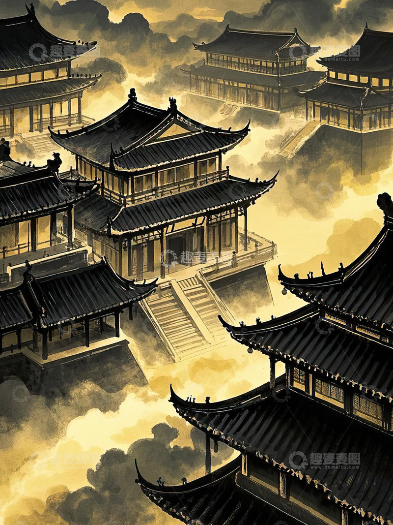 高清大图下载【趣麦麦图】黑金风格中国风古建筑水墨插画6