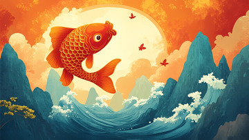 鲤鱼跃龙门手绘插画