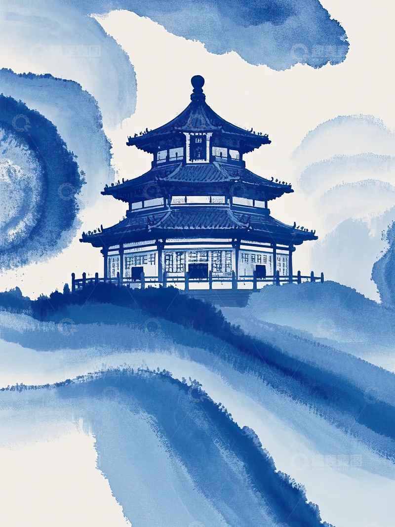 高清大图下载【趣麦麦图】蓝色风格中国风古建筑水墨插画