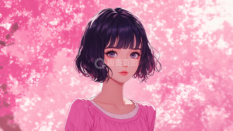 高清大图下载【趣麦麦图】-创意樱花粉色女孩背景插画
