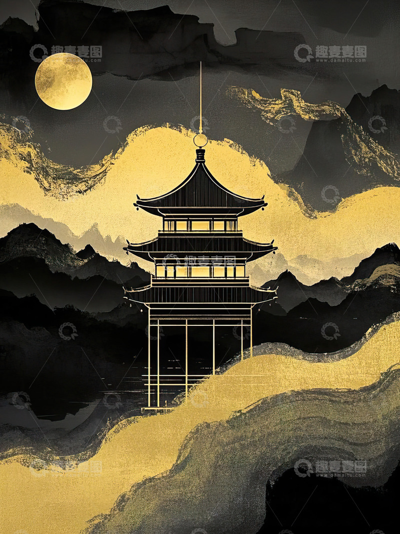 高清大图下载【趣麦麦图】黑金风格中国风古建筑水墨插画10