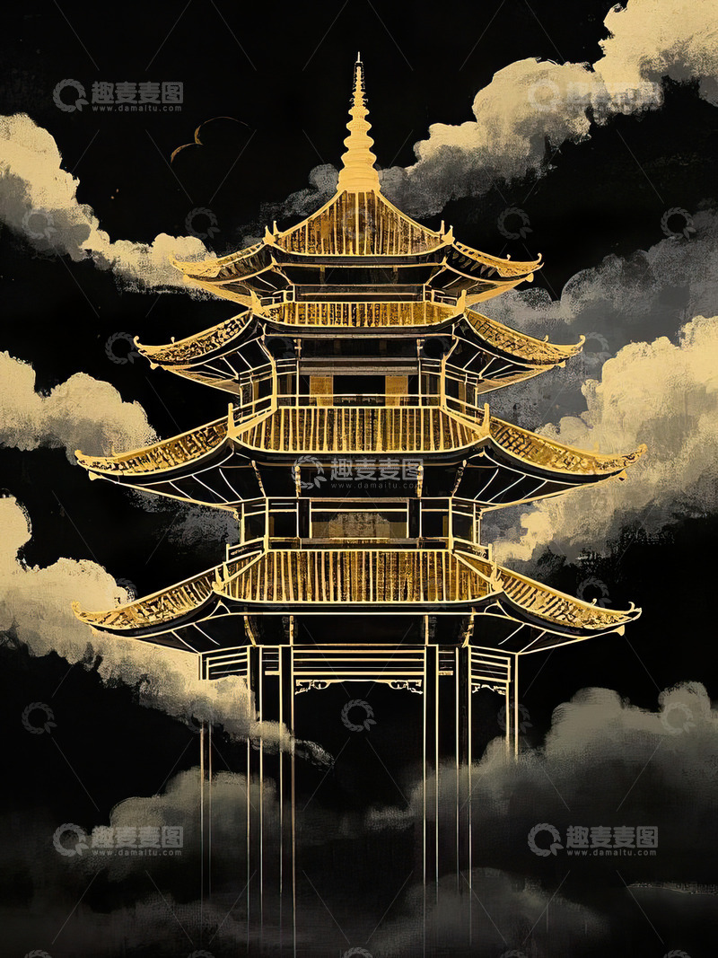 高清大图下载【趣麦麦图】黑金风格中国风古建筑水墨插画13