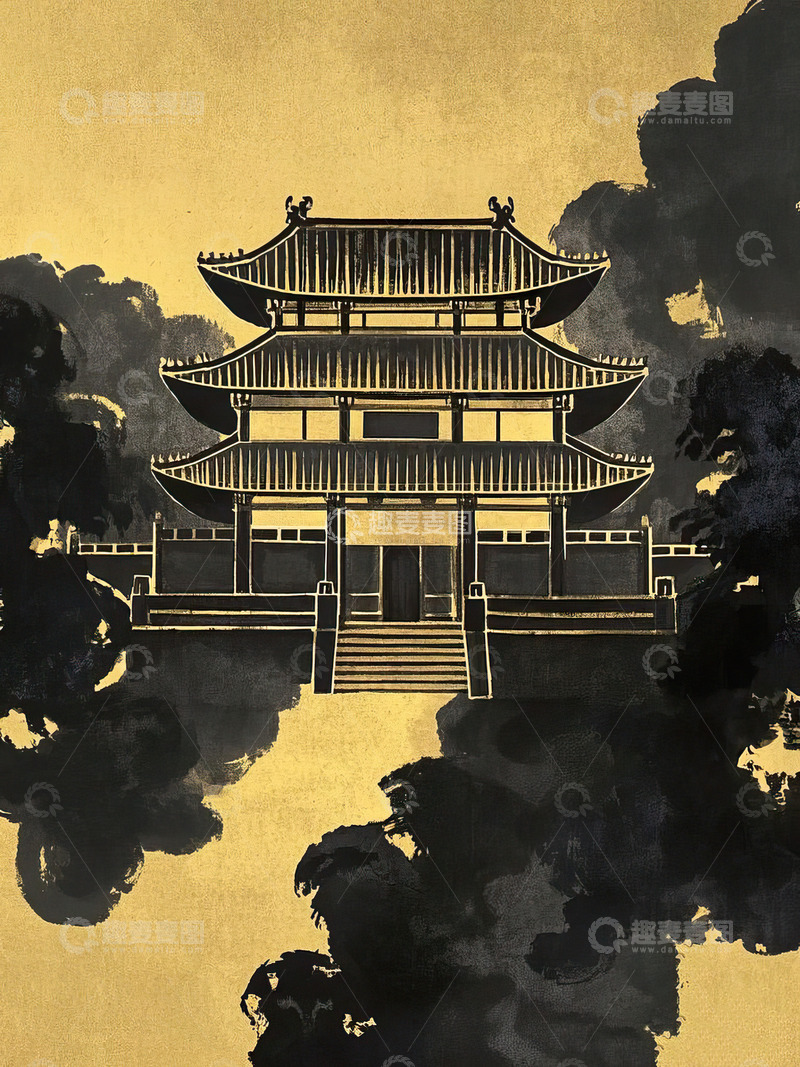 高清大图下载【趣麦麦图】黑金风格中国风古建筑水墨插画1