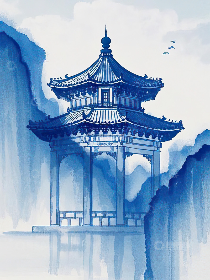 高清大图下载【趣麦麦图】蓝色风格中国风古建筑水墨插画6