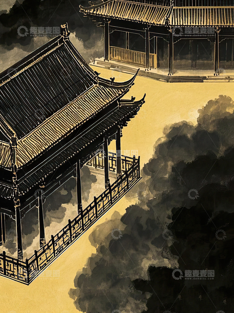 高清大图下载【趣麦麦图】黑金风格中国风古建筑水墨插画12