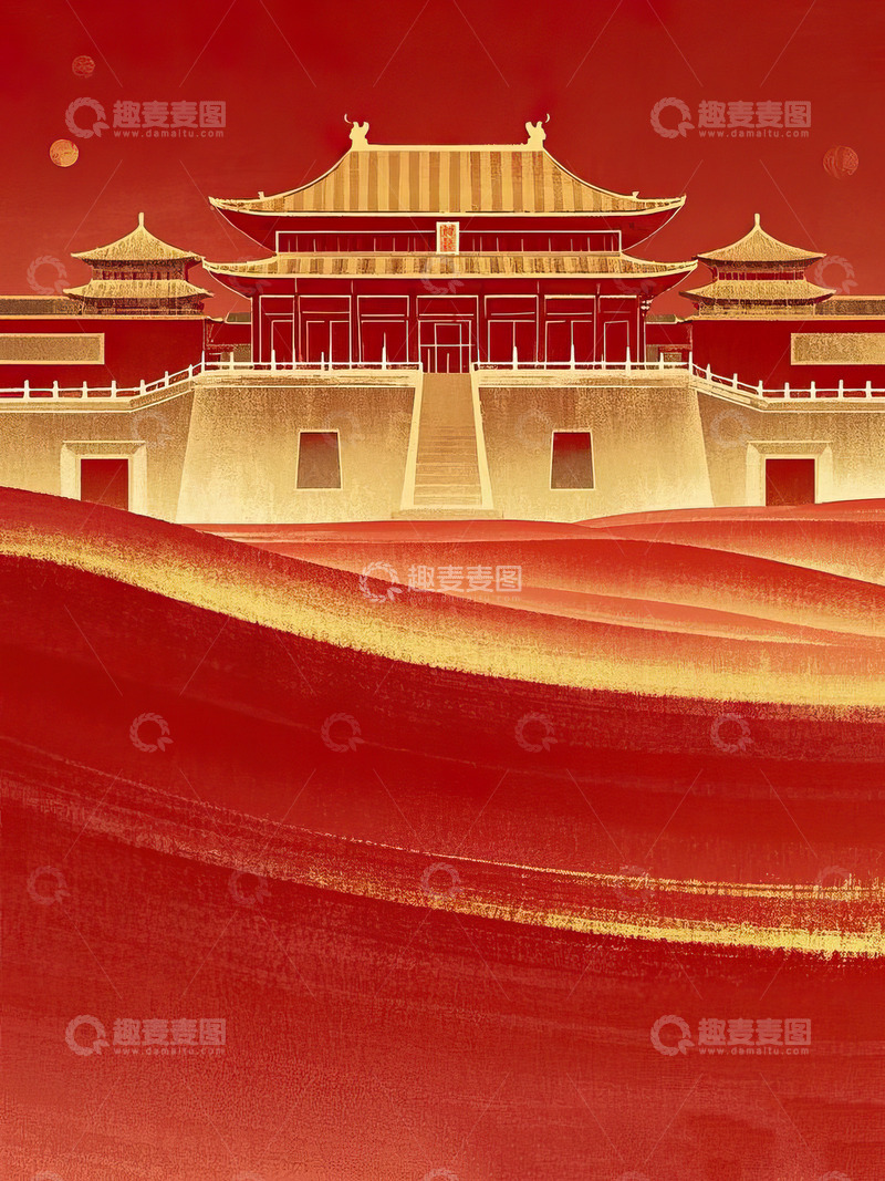 高清大图下载【趣麦麦图】红金风格中国风古建筑水墨插画5