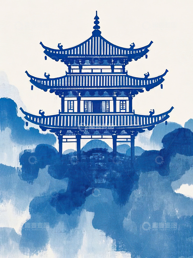 高清大图下载【趣麦麦图】蓝色风格中国风古建筑水墨插画2