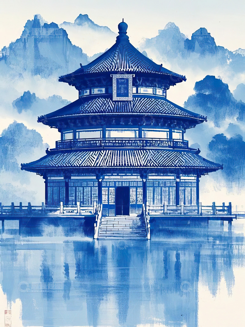 高清大图下载【趣麦麦图】蓝色风格中国风古建筑水墨插画4