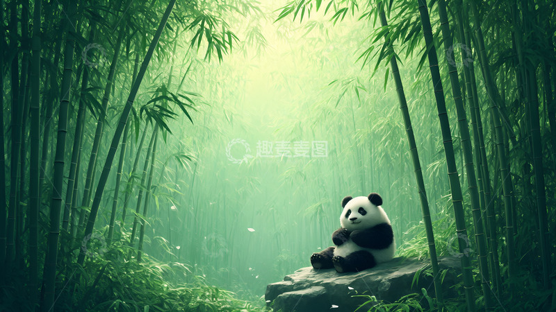 高清大图下载【趣麦麦图】绿色中国风熊猫竹林插画背景