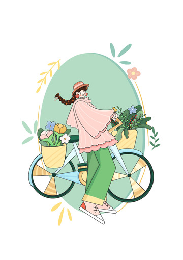 骑自行车女孩出行插画